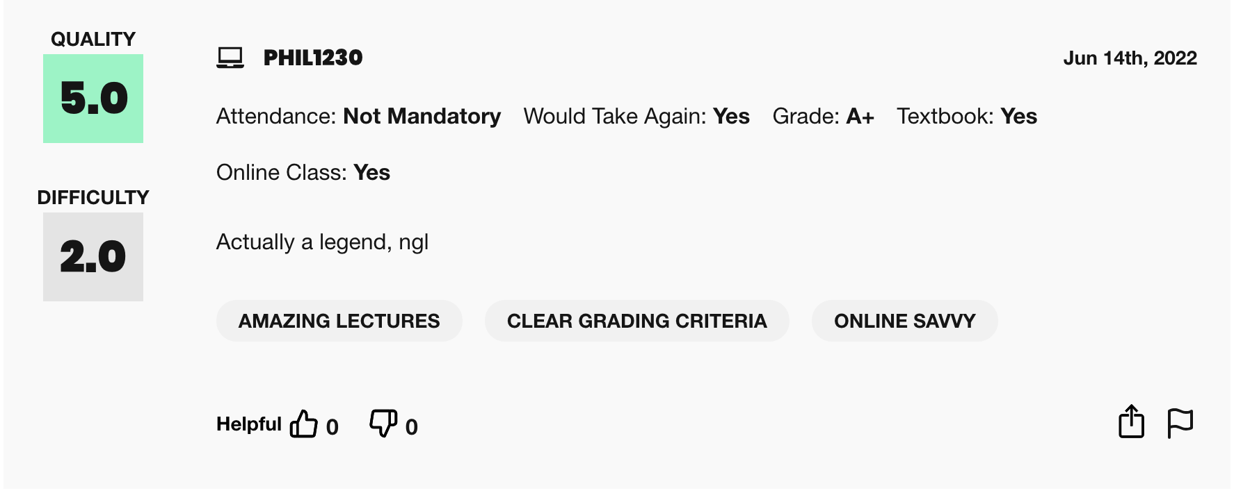 Photo of review on Rate My Professor