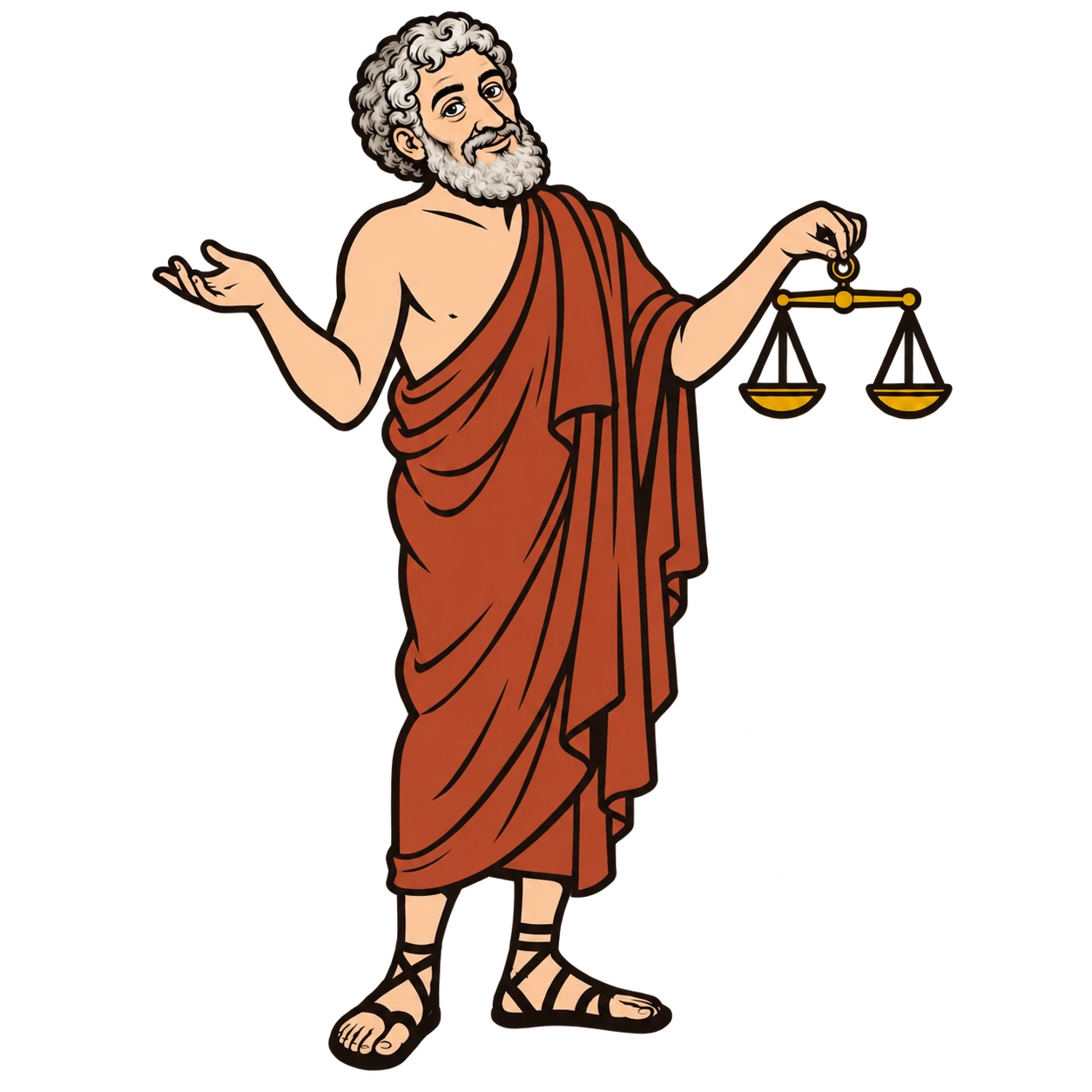 Sextus Empiricus, a bearded Greek philosopher in a terracotta robe, shrugging and holding a perfectly level balance scale