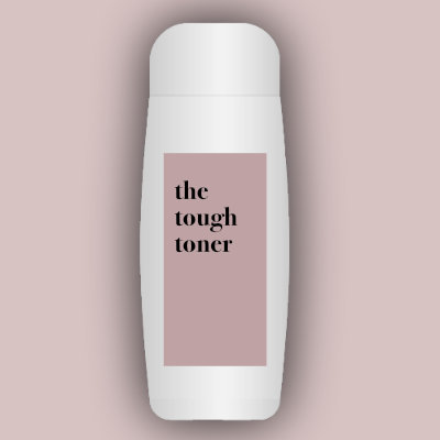 jwskin white toner container on pink background with label reading the tough toner