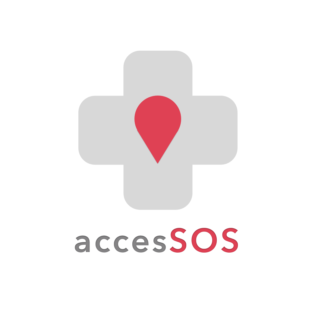 Logo of the AccesSOS app. A grey medical cross symbol with a red droplet in the centre.