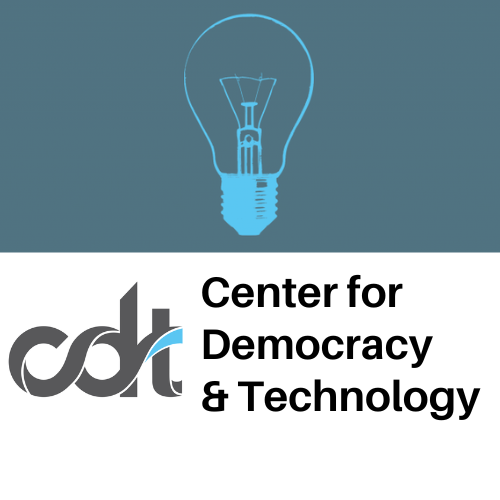 Center for Democracy and Technology Logo. White light bulb against a blue background pictured above