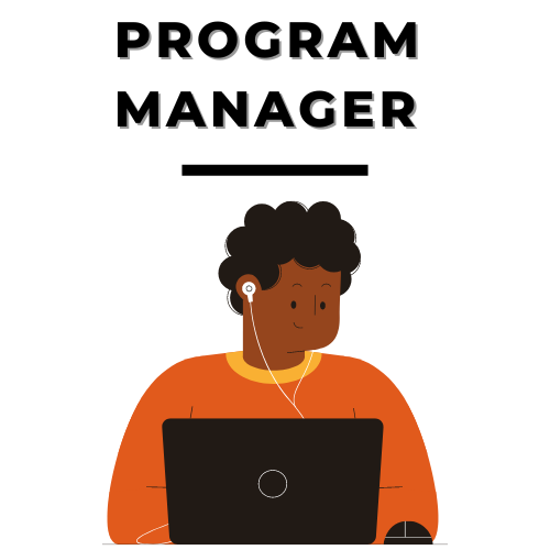 Custom graphic of a man working on a computer. Text above reads program manager.