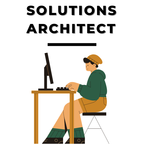 Custom graphic of a man working on a computer. Text above reads solutions architect