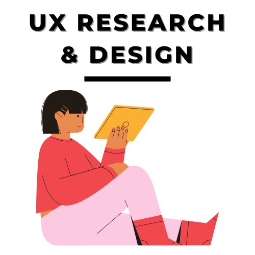 Custom graphic of a woman working on a tablet. Text above reads ux research and design