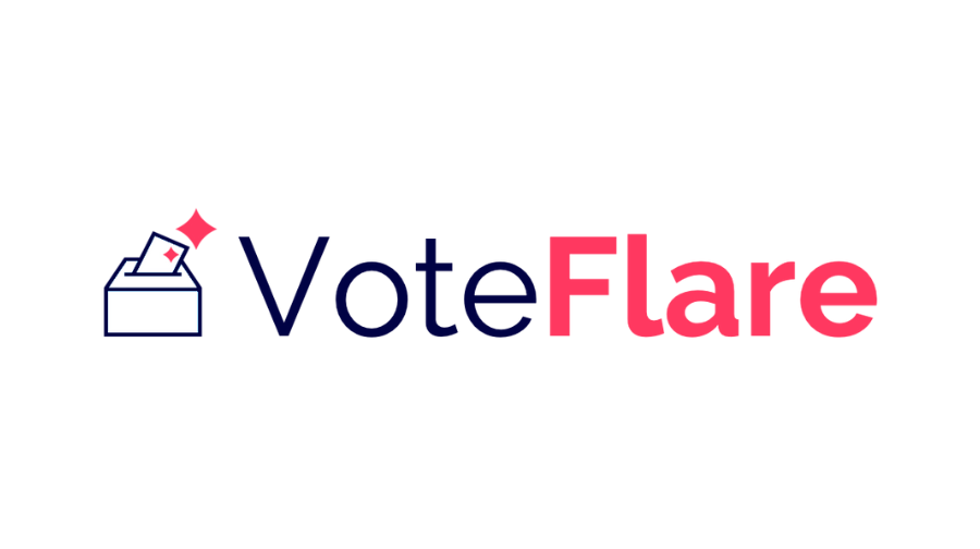 Vote flare logo. Text is red and black, and a voting box is pictured.