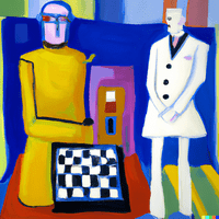 robot and philanthropist playing chess abstract image in bright colours