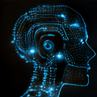 illuminated futuristic head of a robot