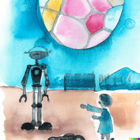 robot and child in front of a multi-coloured planet