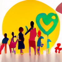 people in front of yellow abstract figure with heart