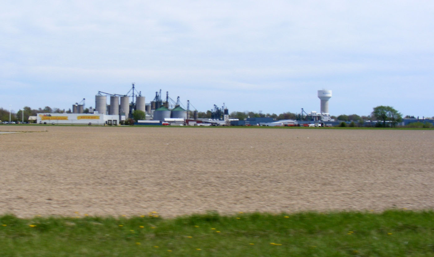 Image of Blenheim from a distance, showing No Frills and Blenheim water tower