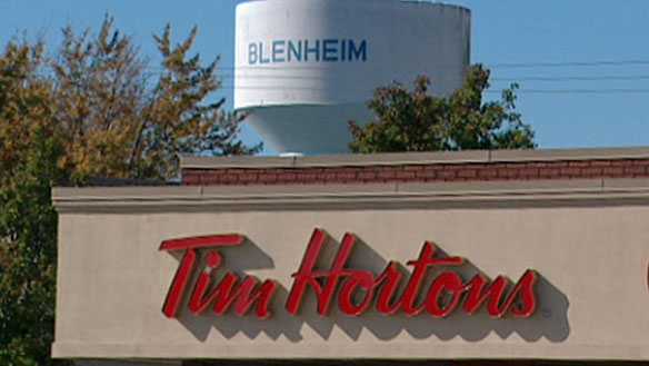 time hortons, blenheim water tower in the background